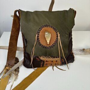 FPP Handmade Boho Leather Patchwork Crossbody With Stone Accent & Fringe NEW